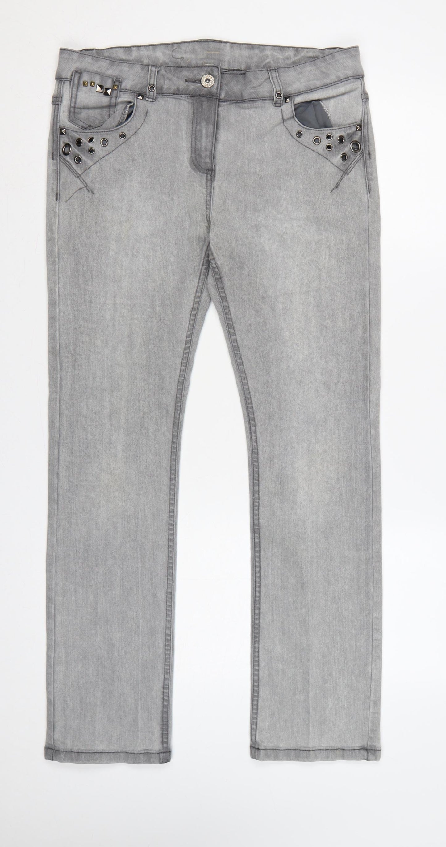 TJ Women Grey Size 14 Straight Slim Stretch Studded Jeans