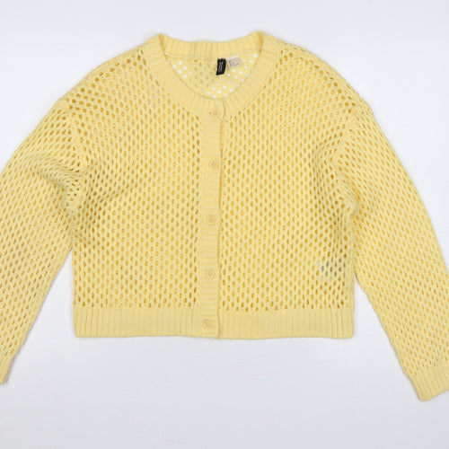 H&M Divided Women Yellow L Open-Knit Button Cardigan Long Sleeve