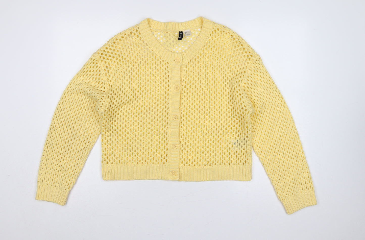 H&M Divided Women Yellow L Open-Knit Button Cardigan Long Sleeve