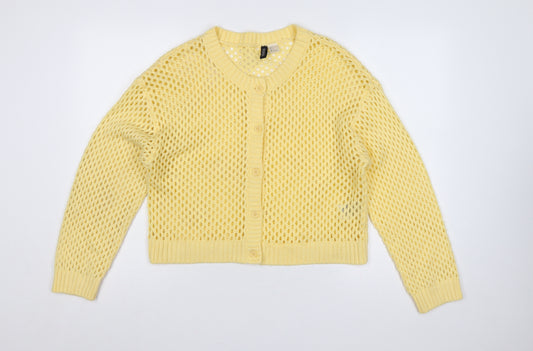 H&M Divided Women Yellow L Open-Knit Button Cardigan Long Sleeve