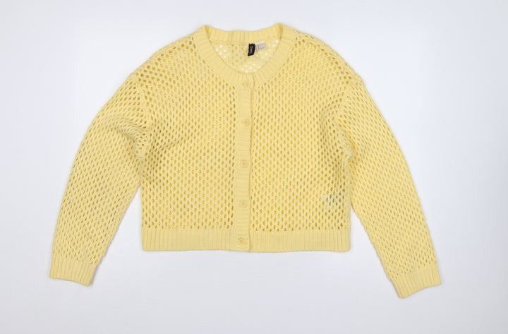H&M Divided Women Yellow L Open-Knit Button Cardigan Long Sleeve