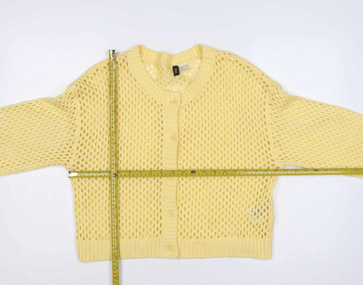 H&M Divided Women Yellow L Open-Knit Button Cardigan Long Sleeve