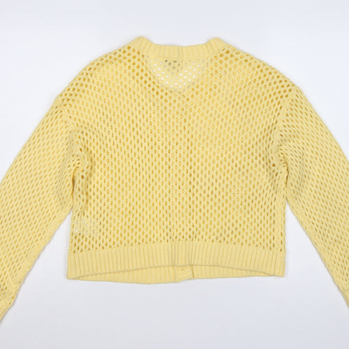 H&M Divided Women Yellow L Open-Knit Button Cardigan Long Sleeve