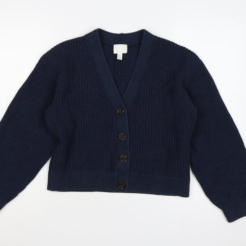 H&M Women’s Navy Blue UK 10 Rib Knit V-Neck Button Cardigan