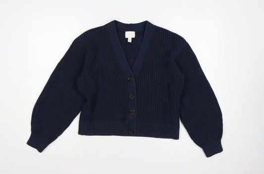 H&M Women’s Navy Blue UK 10 Rib Knit V-Neck Button Cardigan