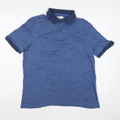 Marks & Spencer Men's Blue L Geometric Print Cotton Short Sleeve Polo