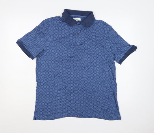 Marks & Spencer Men's Blue L Geometric Print Cotton Short Sleeve Polo