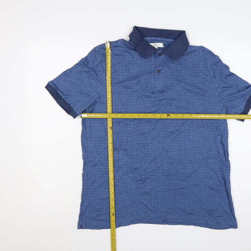 Marks & Spencer Men's Blue L Geometric Print Cotton Short Sleeve Polo