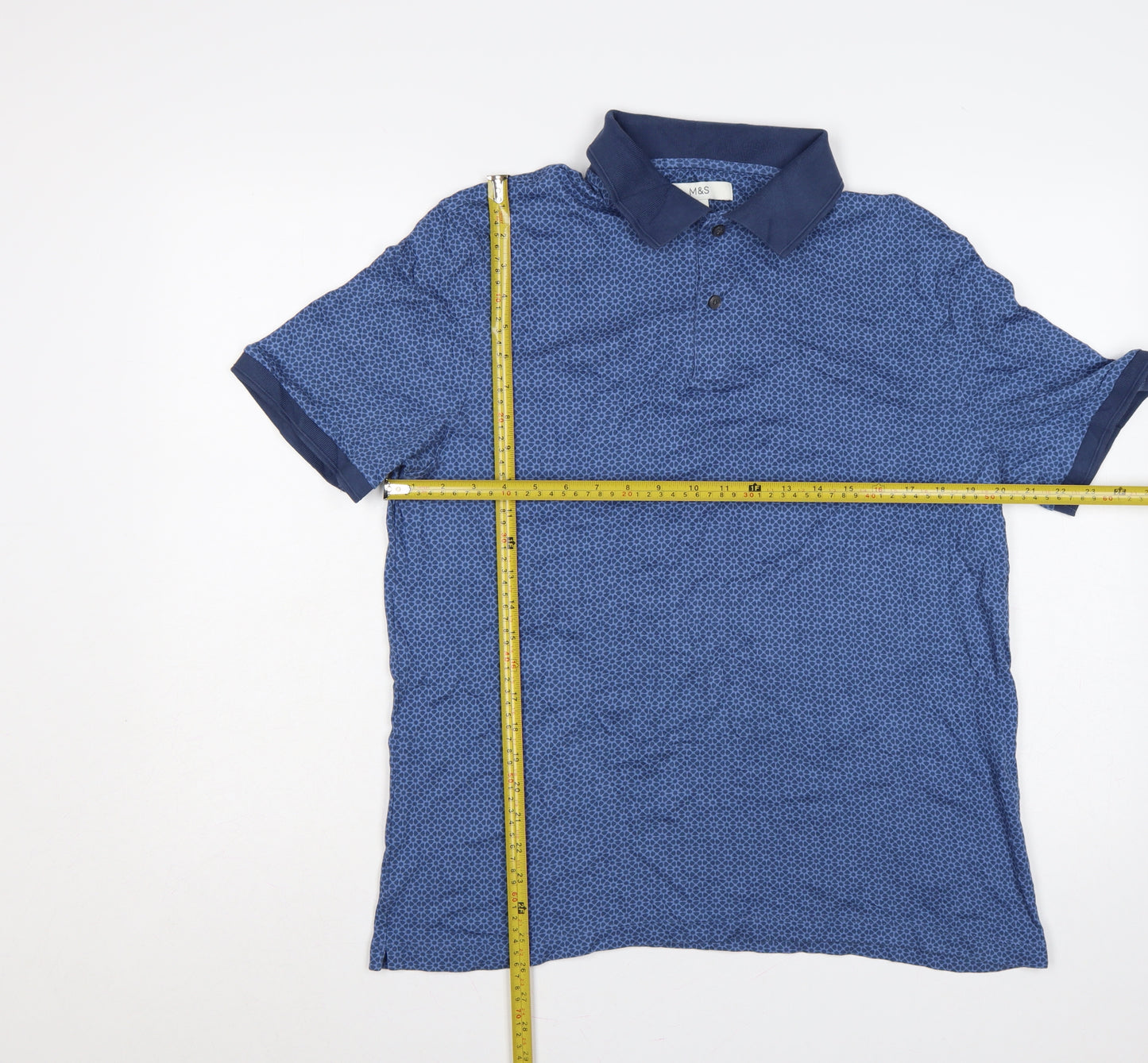 Marks & Spencer Men's Blue L Geometric Print Cotton Short Sleeve Polo