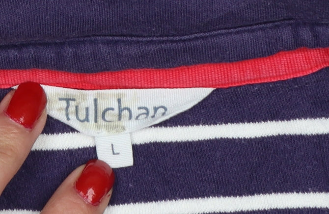 Tulchan Women’s Blue Striped Cotton Long Sleeve Polo Top L