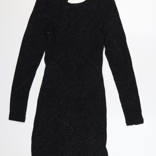 Divided Women Black UK 8 Bodycon Knee Dress Long Sleeve Glitter Cut Out