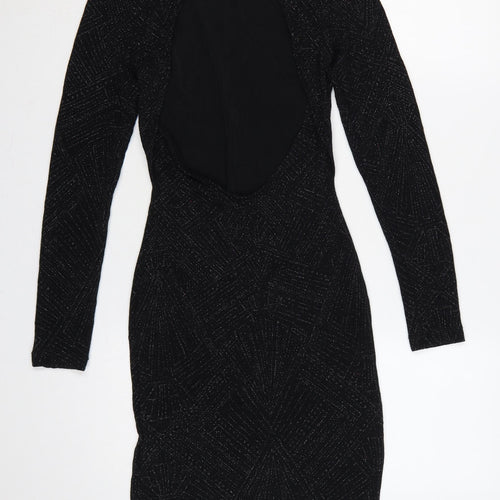 Divided Women Black UK 8 Bodycon Knee Dress Long Sleeve Glitter Cut Out