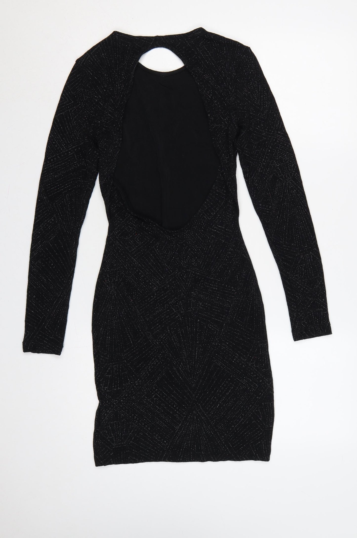 Divided Women Black UK 8 Bodycon Knee Dress Long Sleeve Glitter Cut Out