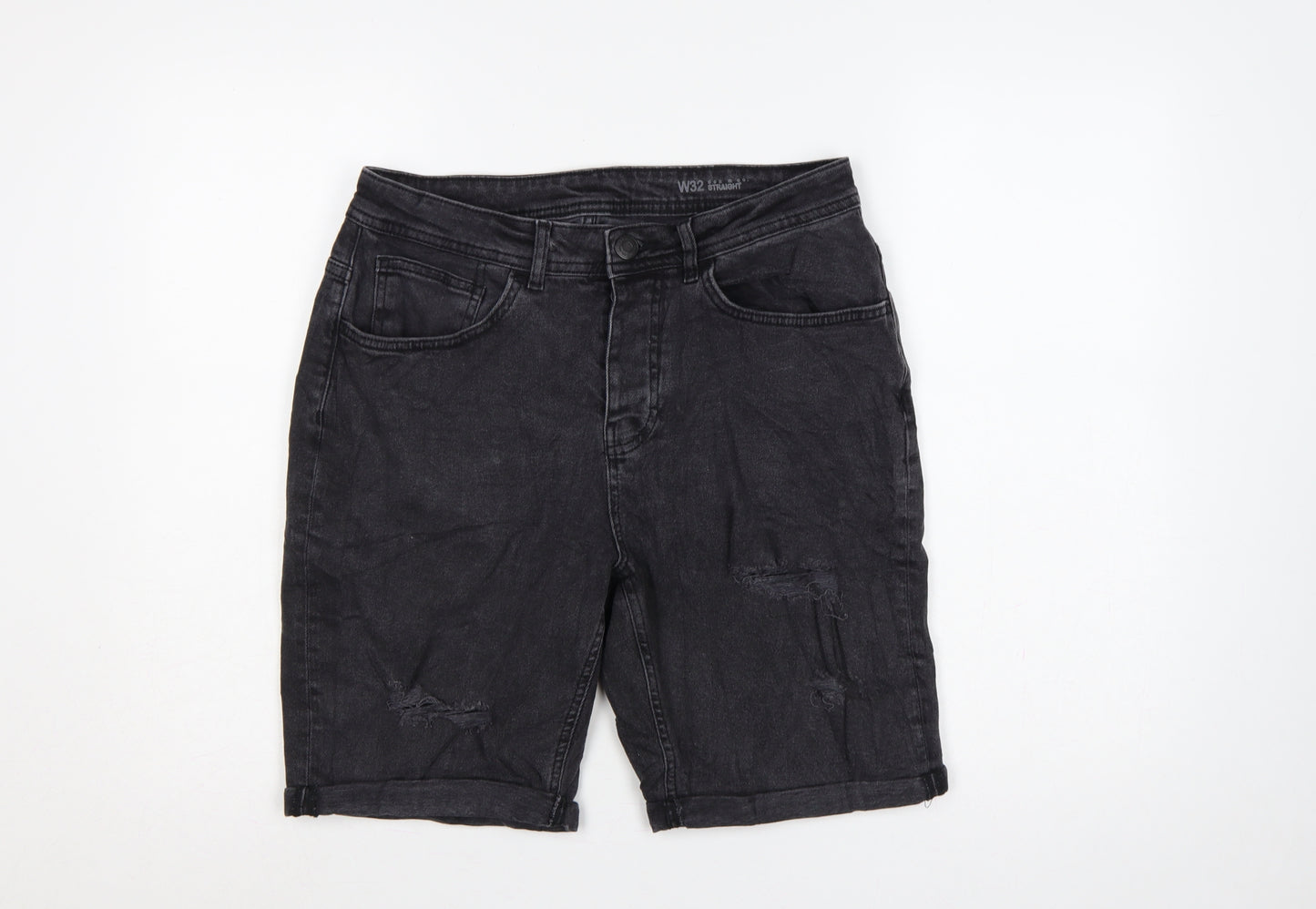 Denim Co. Men’s Black W32 Straight Distressed Denim Shorts Regular Fit