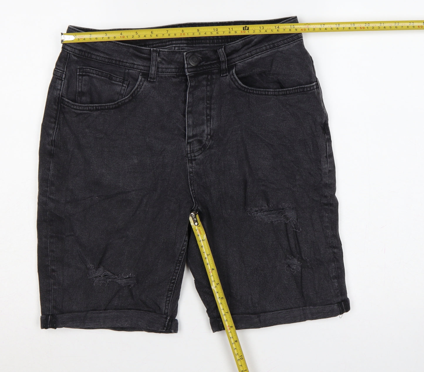 Denim Co. Men’s Black W32 Straight Distressed Denim Shorts Regular Fit