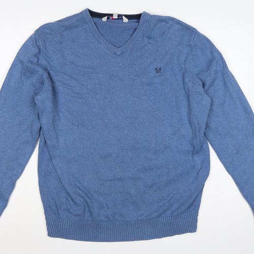 Crew Clothing Co. Men's Blue L V-Neck Cotton Cashmere Logo Pullover Jumper