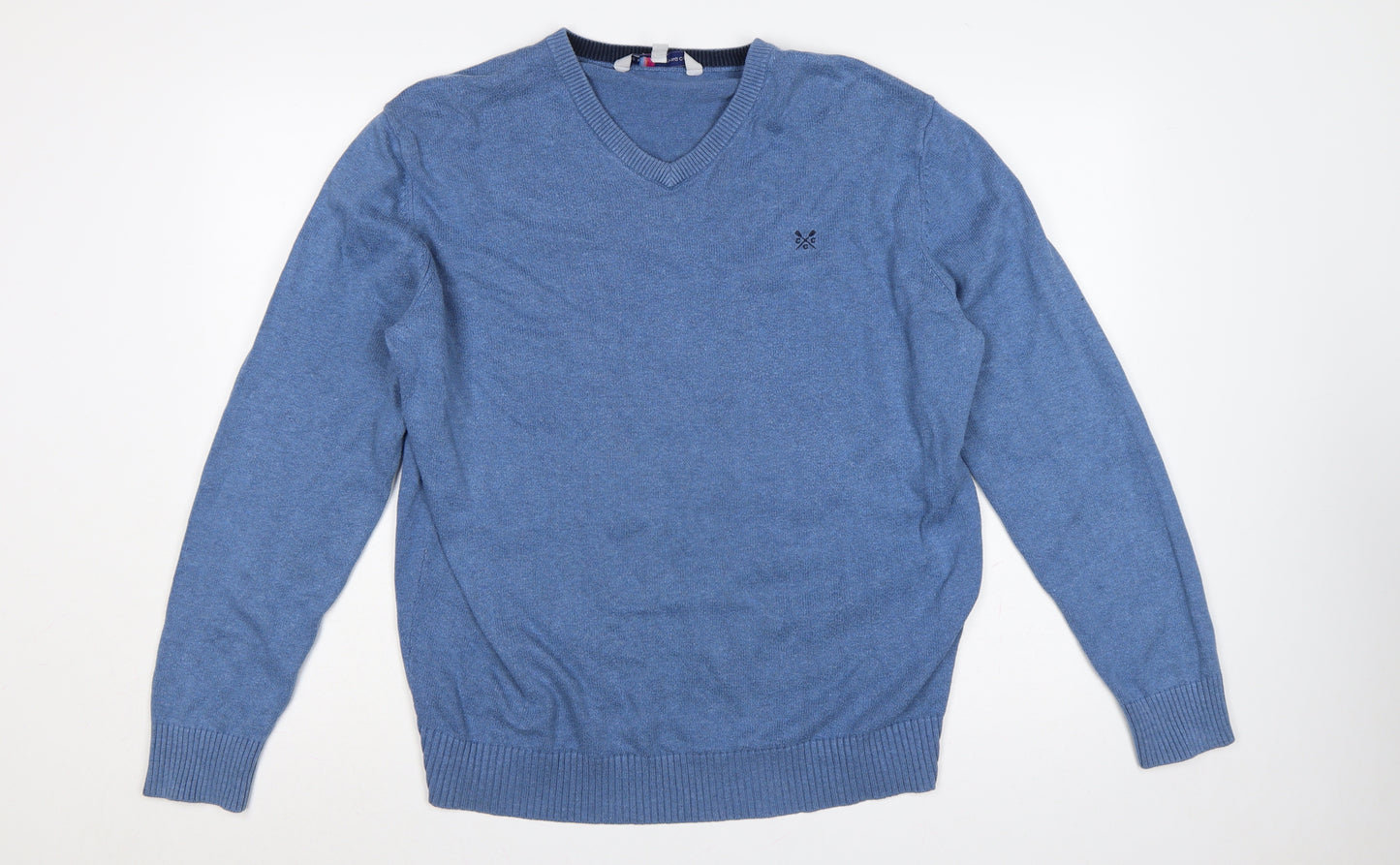 Crew Clothing Co. Men's Blue L V-Neck Cotton Cashmere Logo Pullover Jumper