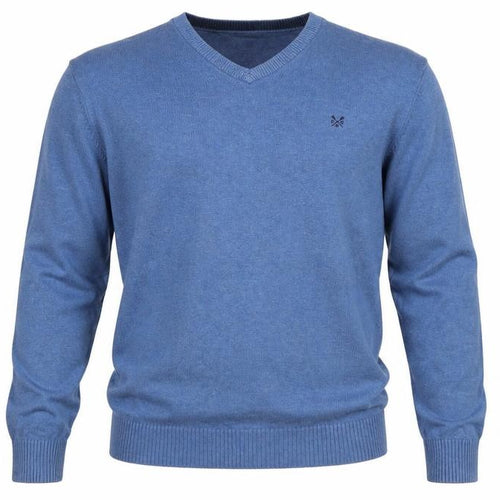 Crew Clothing Co. Men's Blue L V-Neck Cotton Cashmere Logo Pullover Jumper