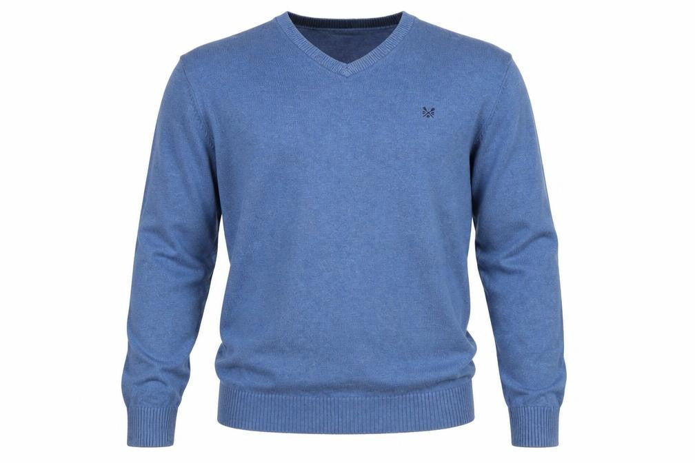 Crew Clothing Co. Men's Blue L V-Neck Cotton Cashmere Logo Pullover Jumper