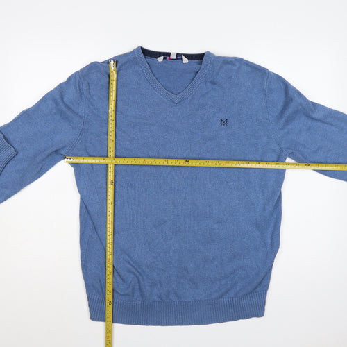Crew Clothing Co. Men's Blue L V-Neck Cotton Cashmere Logo Pullover Jumper