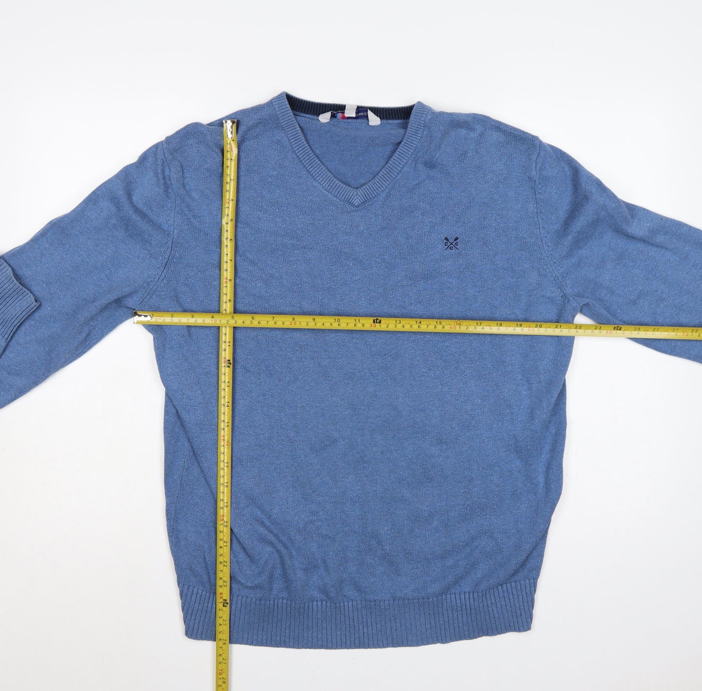 Crew Clothing Co. Men's Blue L V-Neck Cotton Cashmere Logo Pullover Jumper