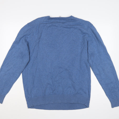 Crew Clothing Co. Men's Blue L V-Neck Cotton Cashmere Logo Pullover Jumper