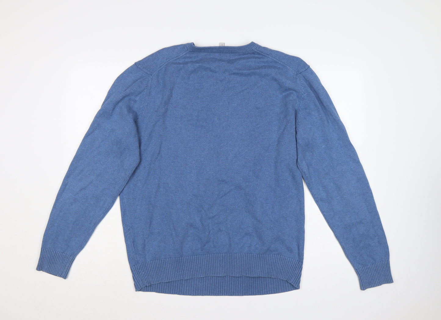 Crew Clothing Co. Men's Blue L V-Neck Cotton Cashmere Logo Pullover Jumper