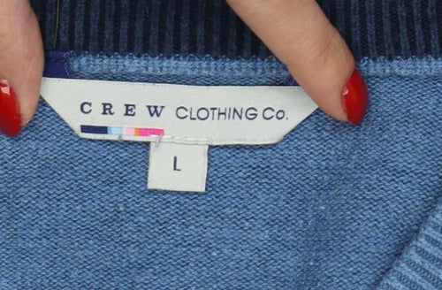 Crew Clothing Co. Men's Blue L V-Neck Cotton Cashmere Logo Pullover Jumper