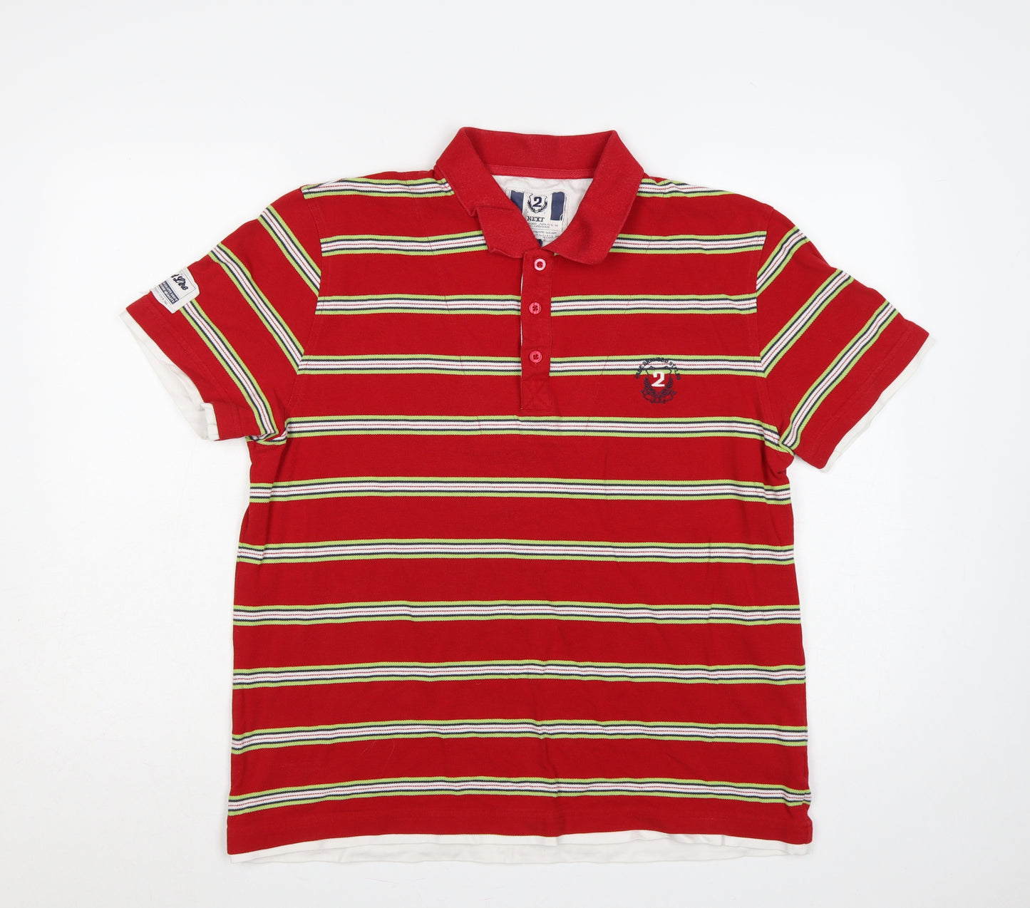 Next Men's Red Striped Cotton Polo Shirt L Embroidered Logo
