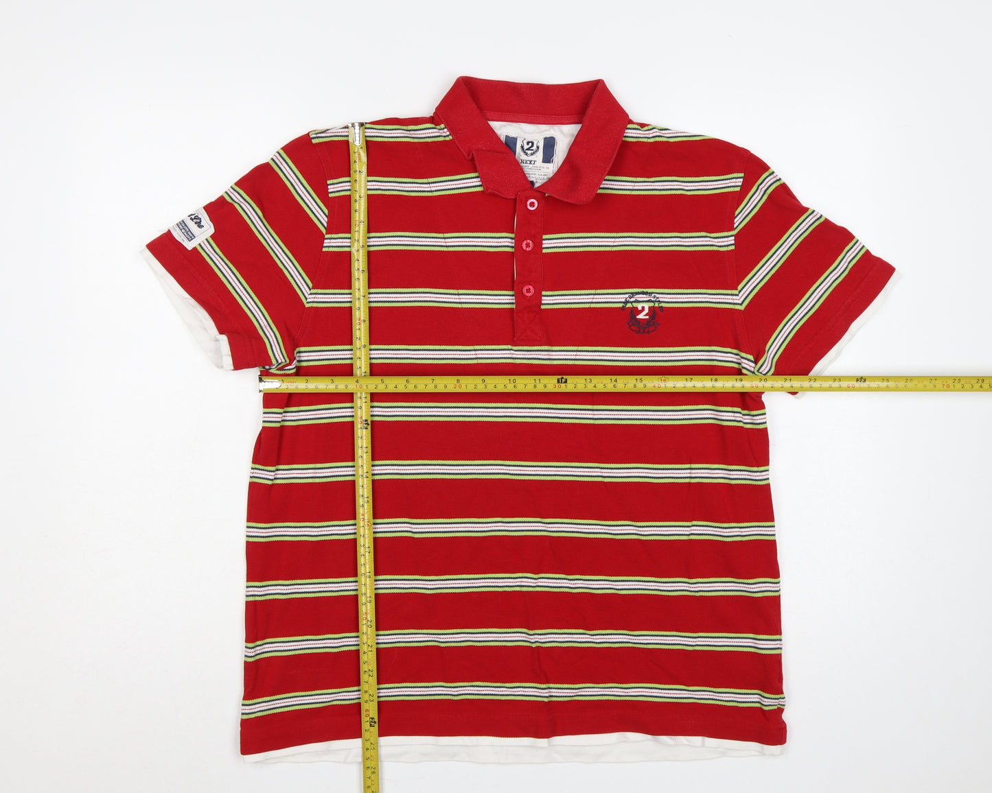 Next Men's Red Striped Cotton Polo Shirt L Embroidered Logo