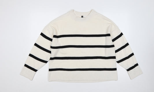 H&M Divided Women Ivory Black Striped Crew Neck Knit Jumper M
