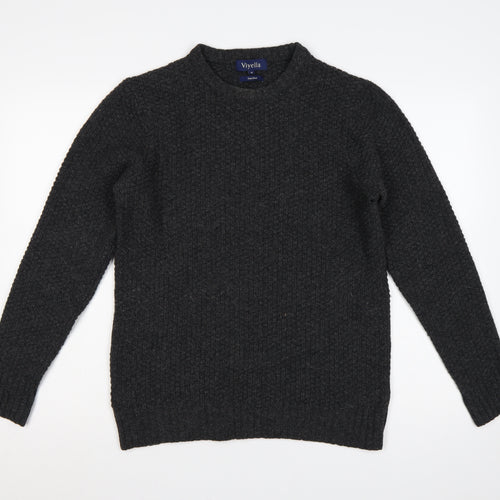 Viyella Men’s Grey M Pure Wool Crew Neck Pullover Suede Elbow Patches