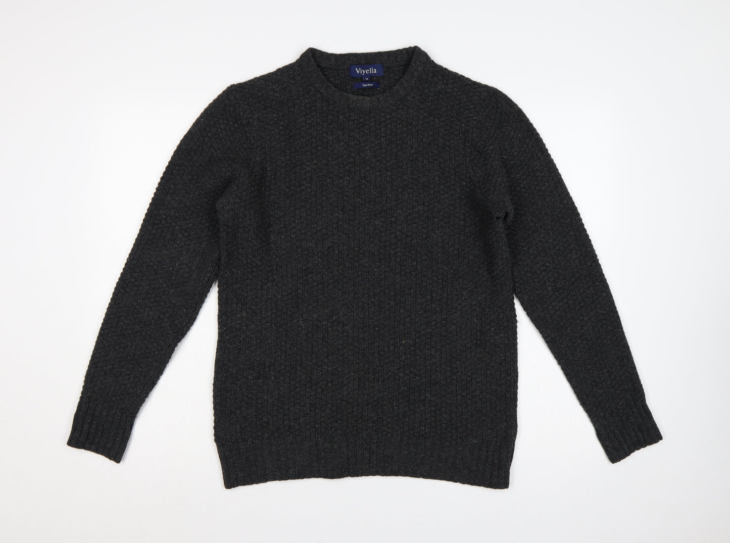 Viyella Men’s Grey M Pure Wool Crew Neck Pullover Suede Elbow Patches