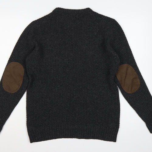 Viyella Men’s Grey M Pure Wool Crew Neck Pullover Suede Elbow Patches