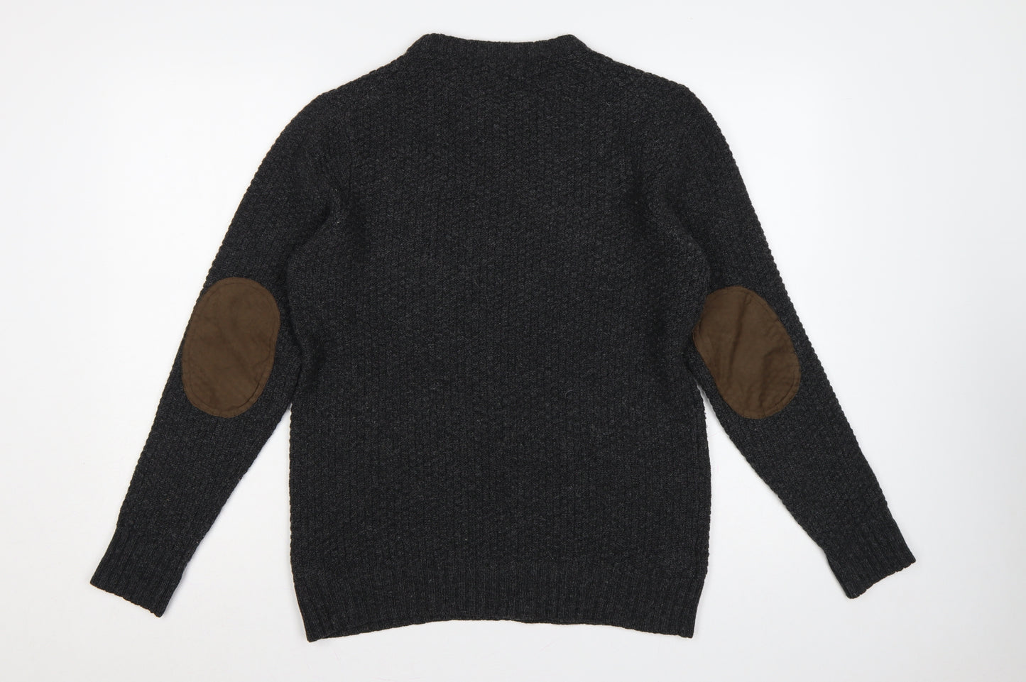 Viyella Men’s Grey M Pure Wool Crew Neck Pullover Suede Elbow Patches