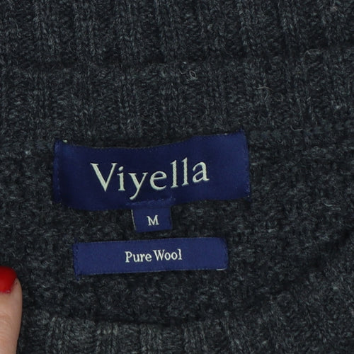 Viyella Men’s Grey M Pure Wool Crew Neck Pullover Suede Elbow Patches