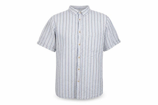 Front view of Dunnes Men Grey Blue Striped Linen Cotton Shirt XL
