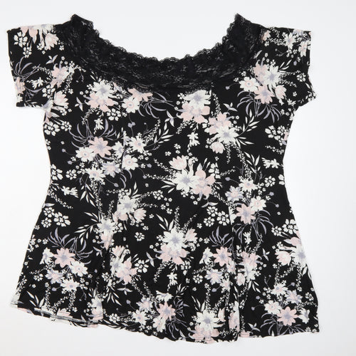Yours Women Black Floral Lace Jersey Tunic Blouse Size 22