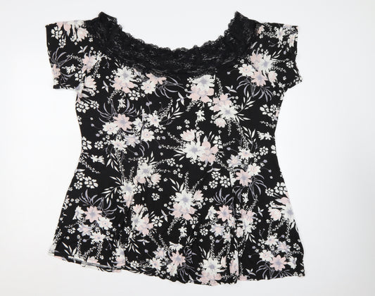Yours Women Black Floral Lace Jersey Tunic Blouse Size 22