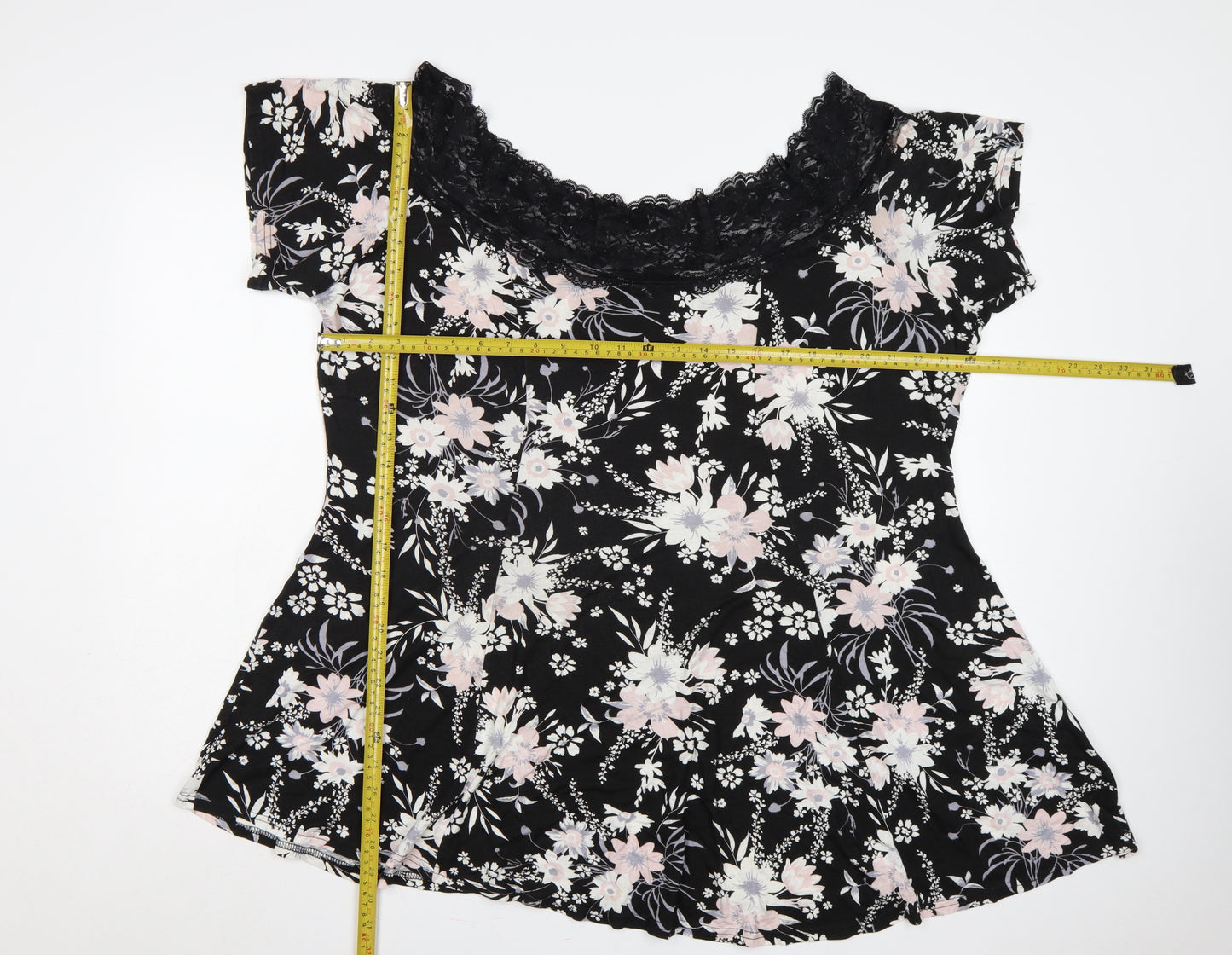 Yours Women Black Floral Lace Jersey Tunic Blouse Size 22