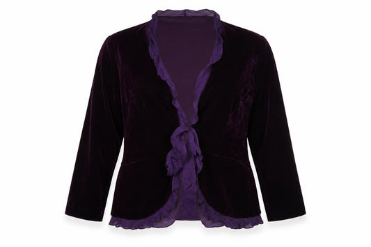 Front view of WinterSilks Women Purple L Velvet Ruffle Tie Wrap Blouse
