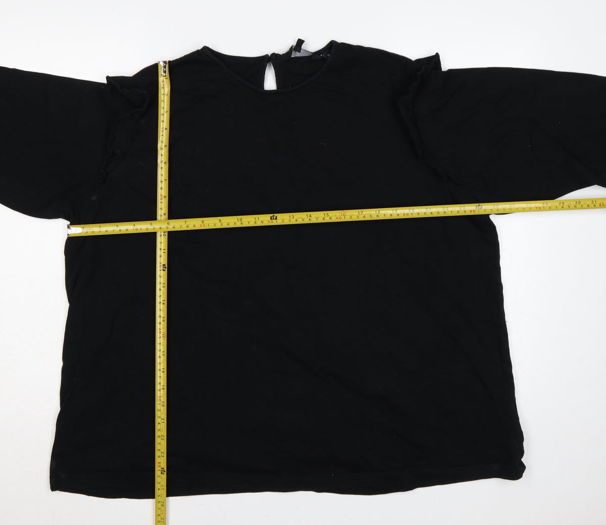 Close-up detail of Capsule Women Black, size 26, Ruffle 3/4 Sleeve Jersey Blouse
