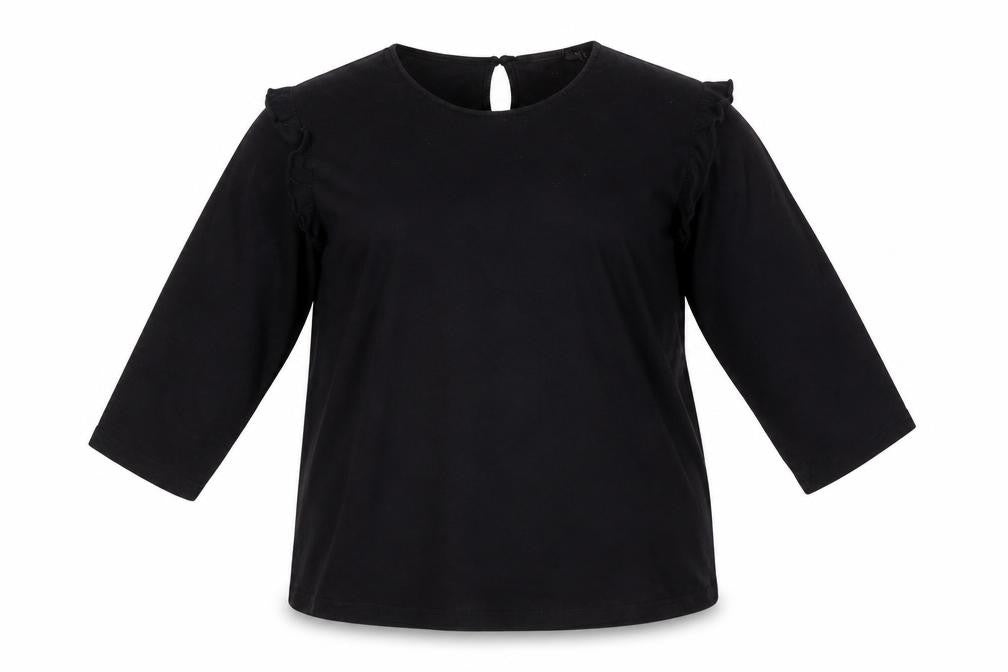 Front view of Capsule Women Black, size 26, Ruffle 3/4 Sleeve Jersey Blouse