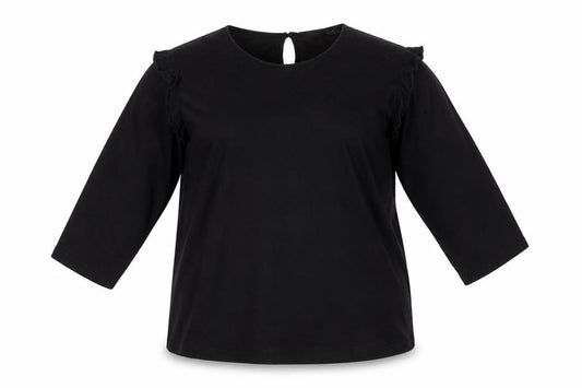 Front view of Capsule Women Black, size 26, Ruffle 3/4 Sleeve Jersey Blouse