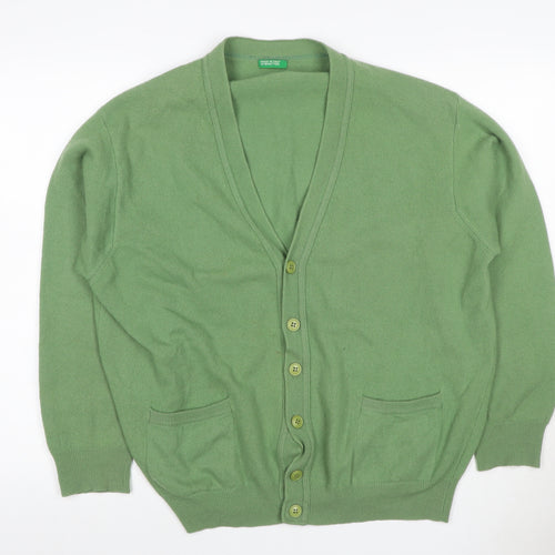 Benetton Women Green L Wool V-Neck Button Cardigan Made in Italy