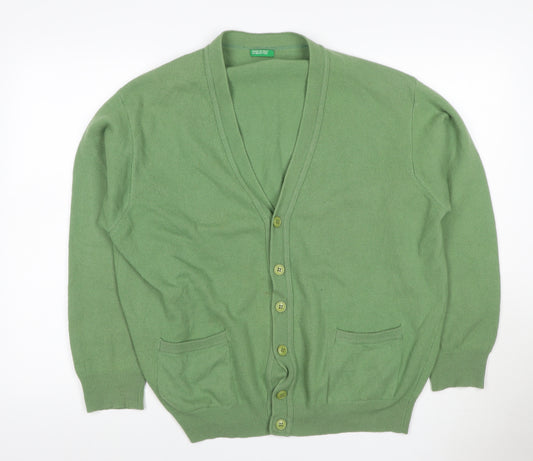 Benetton Women Green L Wool V-Neck Button Cardigan Made in Italy