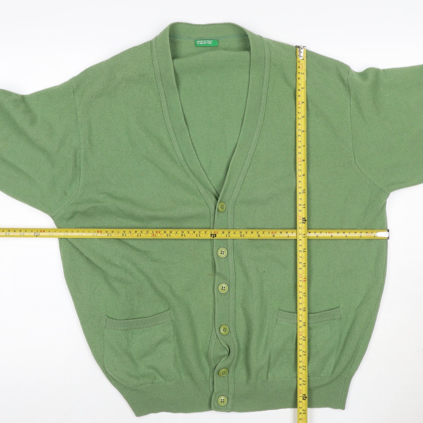 Benetton Women Green L Wool V-Neck Button Cardigan Made in Italy
