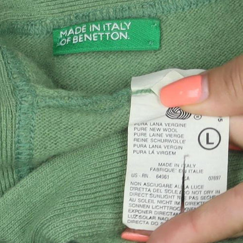 Benetton Women Green L Wool V-Neck Button Cardigan Made in Italy