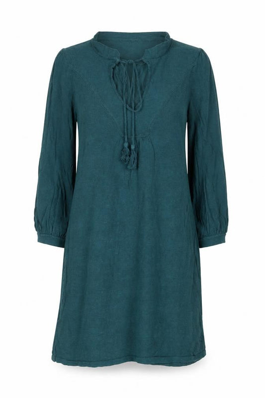 Front view of Topshop Women Green, size 6, Jumper Dress Long Puff Sleeve Tie Waist