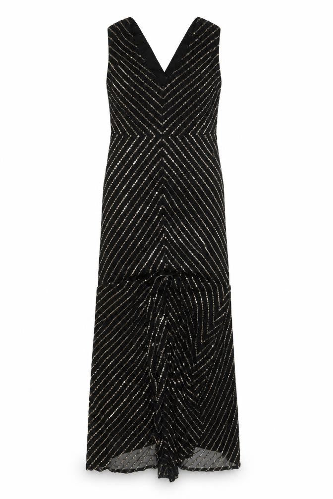 City Goddess Women Black Gold Sequin Long Sleeve Maxi Dress UK 16